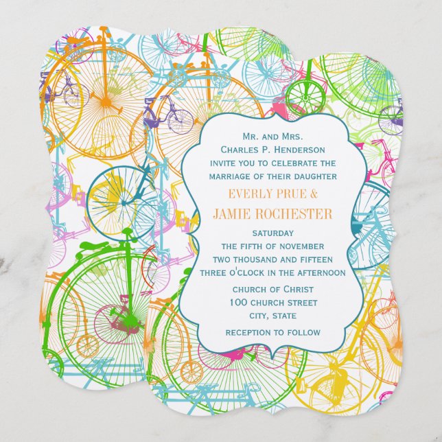Invitación Colores brillantes Boda de bicicleta de época esti (Anverso / Reverso)