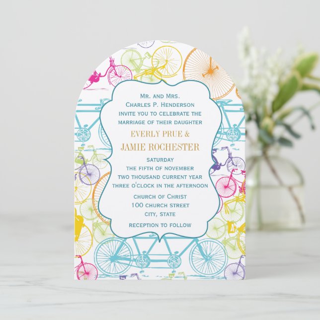Invitación Colores brillantes Boda de bicicleta de época esti (Anverso de pie)
