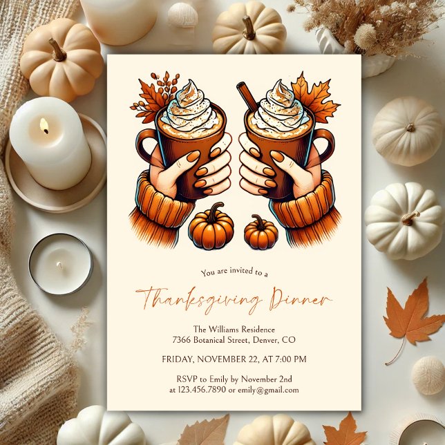 Invitación Colores Caídos Calabaza Spice Cena de Acción de Gr (Cozy Watercolor Fall Colors Pumpkin Spice Latte Thanksgiving Dinner Invitation)
