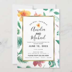 Invitación Colores de agua amarillos Hibiscus y Greenery Brid