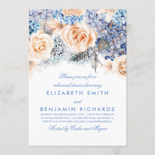 Invitación Colores de agua azul y azul floral para la cena