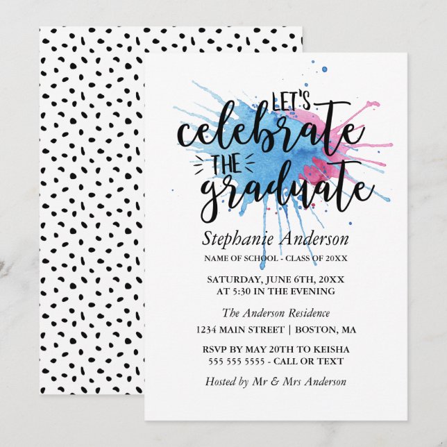 Invitación Colores de agua | Celebrar al graduado (Anverso / Reverso)