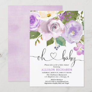 Invitación Colores de agua morado floral chica ducha de bebé