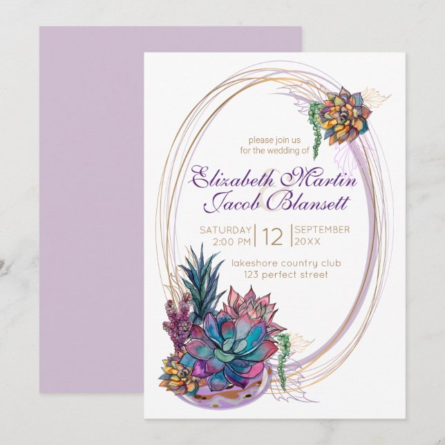 Invitación Colores de agua potentes, Boda púrpura (Anverso / Reverso)
