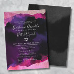 Invitación Colores de agua rosada Judío Bat Mitzvah<br><div class="desc">Esta elegante invitación a Bat Mitzvah presenta un fondo negro con una acuarela color rosa y morado falso o tinta de alcohol enmarcando la parte superior e inferior. Mezcla de tonos rosas entre rosa claro y rosa caliente. El diseño muestra una mezcla de tipografía de guiones y tipos de letra...</div>