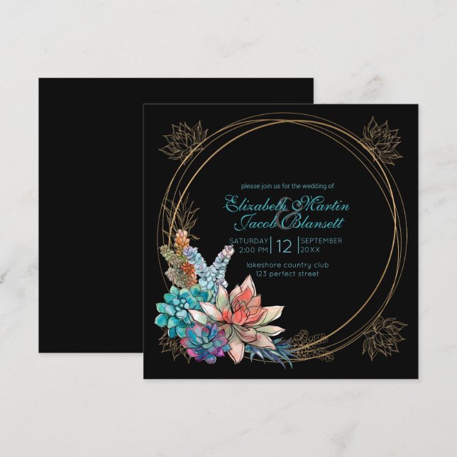 Invitación Colores de agua suculentos, Boda negro verde azula (Anverso / Reverso)