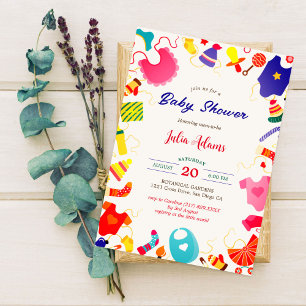 Invitación Colores de arcoíris linda ropa para bebé Shower