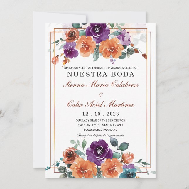 Invitación Colores de boda morado y salvado (Anverso)