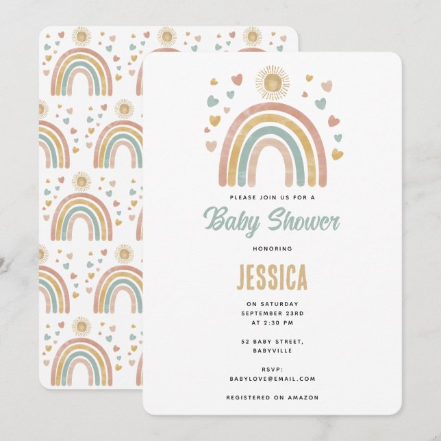 Invitación Colores de tierra acuarela Rainbow Sun Baby Shower (Anverso / Reverso)