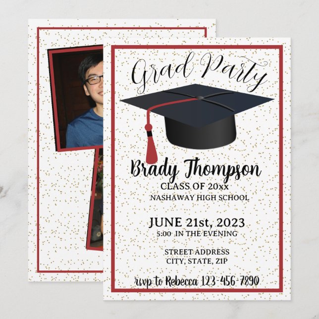 Invitación Colores escolares GRADUATION Party-RED - 2 Foto (Anverso / Reverso)
