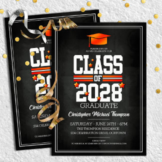 Invitación Colores escolares Partido de Graduación Negra y Na