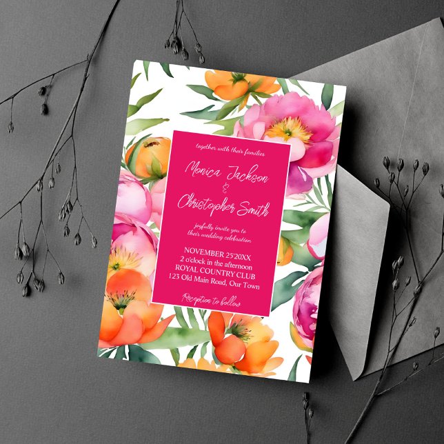Invitación Colores negrita naranjas rosados peonatos elegante (Bold colors pink orange peonies elegant summer wedding editable template invitation digital download)