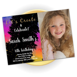 Invitación Colores negros rosados pintan cumpleaños con foto