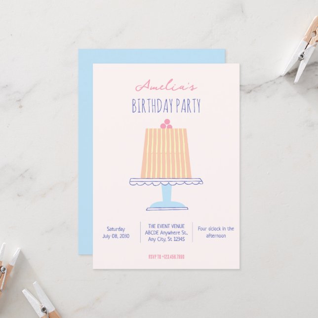 Invitación Colores pastel de pastel de cumpleaños (Anverso/Reverso In Situ)