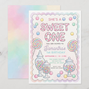 Invitación Colores Pastel Dulce Uno Tienda de Dulces Cumpleañ