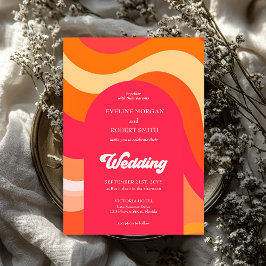 Invitación Colores retro vibrantes ondas groovy fuente boda