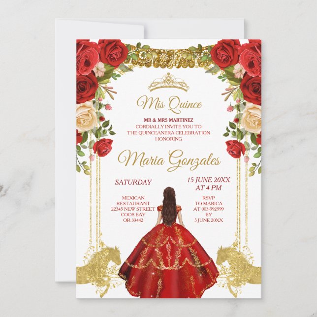 Invitación Colores Rojos Flores Mexicanas Quinceañera