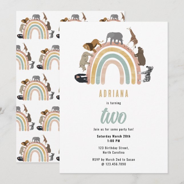 Invitación Colores terráneos Animales de la jungla arcoiris C (Anverso / Reverso)