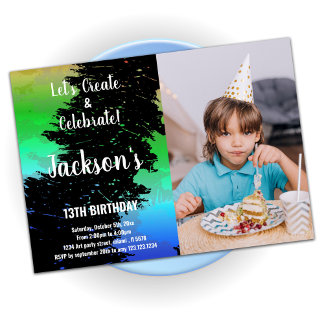 Invitación Colores verdes negros pintando cumpleaños con foto