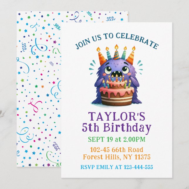 Invitación Colorful 5th Birthday Monster Party Invitation  (Anverso / Reverso)