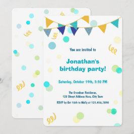 Invitación Colorful Blue Green & Yellow Confetti Boy Birthday