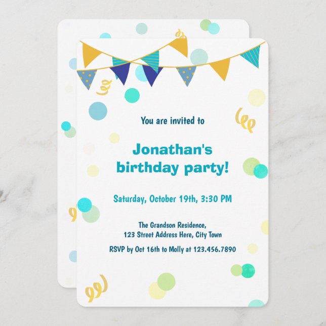 Invitación Colorful Blue Green & Yellow Confetti Boy Birthday (Anverso / Reverso)