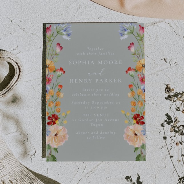 Invitación Colorful Bold Wildflowers Sage Wedding (Subido por el creador)