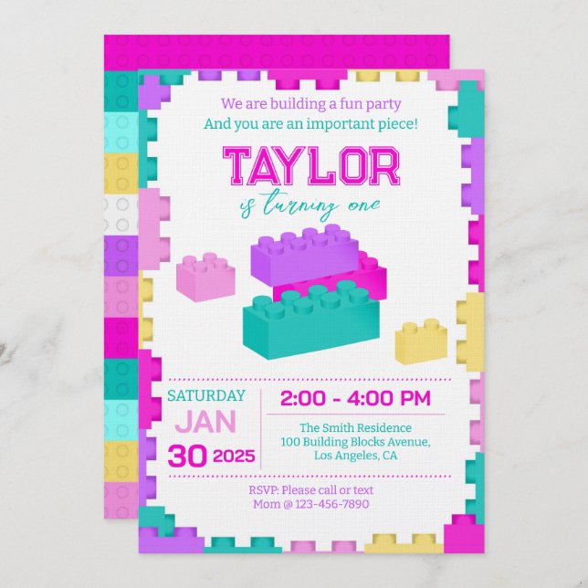 Invitación Colorful Bricks Building Blocks Birthday Party (Anverso / Reverso)
