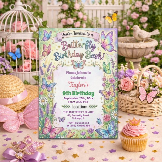 Invitación Colorful Butterflies 9th Birthday Bash Invitation (Subido por el creador)