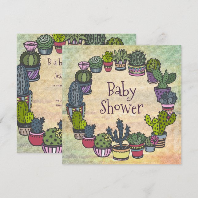 Invitación Colorful Cactus Baby Shower (Anverso / Reverso)