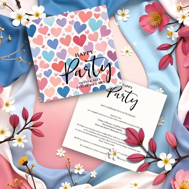 Invitación Colorful Chic Charming Scattered Hearts Engagement (Colorful Chic & Charming Scattered Hearts Engagement Party Invitations Cards.)