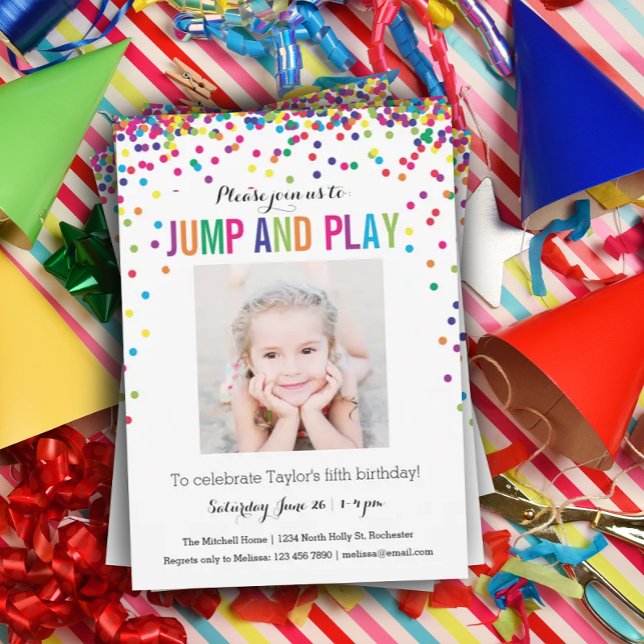 Invitación Colorful Confetti 5Birthday Photo Jump Play (Subido por el creador)