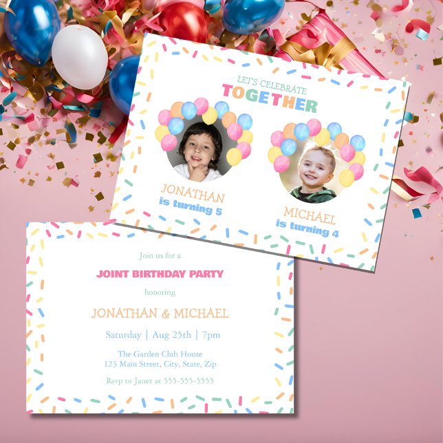 Invitación Colorful Confetti Balloon Photo Dual Birthday (Subido por el creador)