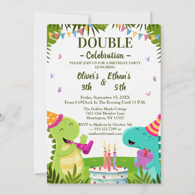 Invitación Colorful Dinosaurs Kids Joint Birthday Invitation (Anverso)