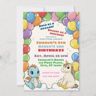 Invitación Colorful Dragon & Unicorn Double Celebration