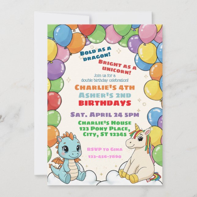 Invitación Colorful Dragon & Unicorn Double Celebration (Anverso)