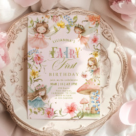 Invitación Colorful Fairy First Birthday Enchanted garden