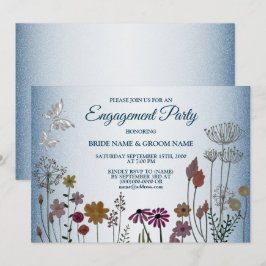 Invitación Colorful Floral Blue Glitter Engagement Party
