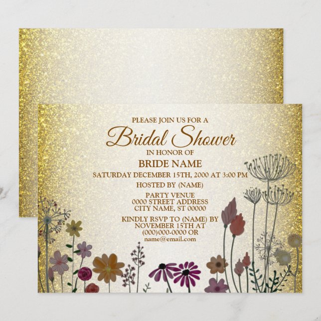 Invitación Colorful Floral Garden Gold Glitter Bridal Shower (Anverso / Reverso)