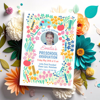 Invitación Colorful Floral Photo Preschool Graduation
