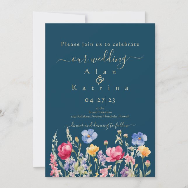 Invitación Colorful Garden Boho Wildflower On Blue (Anverso)