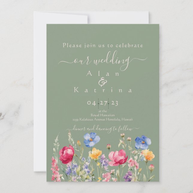 Invitación Colorful Garden Boho Wildflower On Green (Anverso)