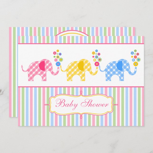 Invitación Colorful Gingham Elephants Baby Shower (Anverso / Reverso)