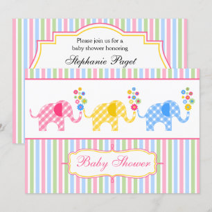 Invitación Colorful Gingham Elephants Baby Shower
