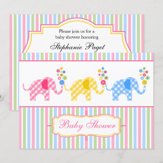 Invitación Colorful Gingham Elephants Baby Shower