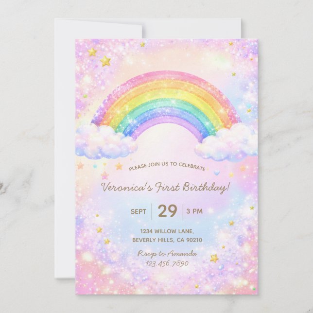 Invitación Colorful Glitter Rainbow Girl Birthday Party (Anverso)