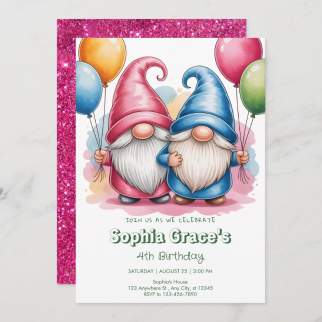 Invitación Colorful happy gnomes with balloons (Anverso / Reverso)
