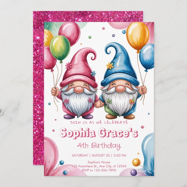 Invitación Colorful happy gnomes with balloons (Anverso / Reverso)
