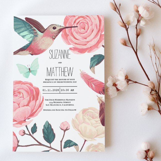 Invitación Colorful Hummingbird Floral Spring Wedding (Colorful Hummingbird Floral Spring Wedding)