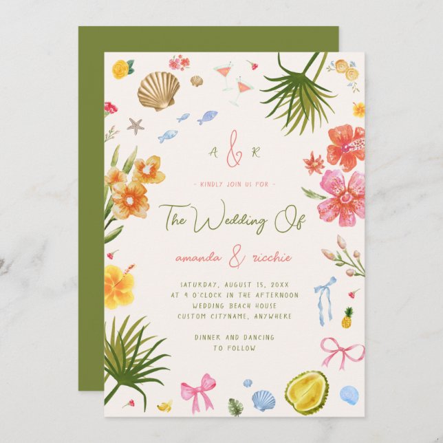Invitación Colorful Island Whimsical Beach Tropical Wedding (Anverso / Reverso)
